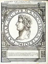 Caius Caligula, illustration fra de romerske kejsere i hele øst og vest med de mest autentiske billeder af de gamle mønter, træsnit af Rudolph Wyssenbach, trykt af Andreas Gesner, Zürich
